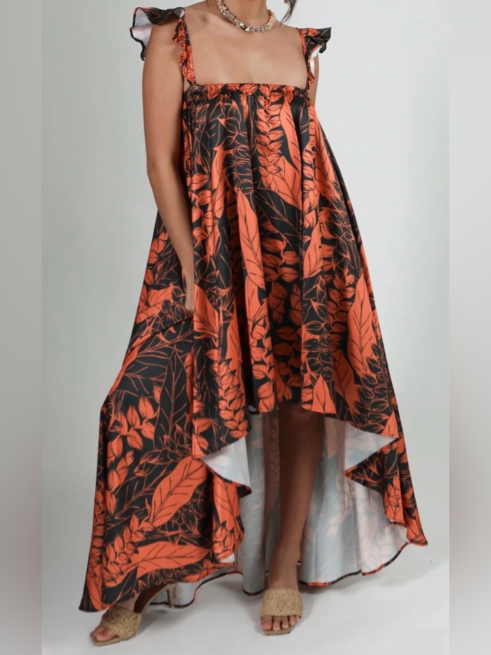 Lex Breezy Meleana maxi dress Tropical Leaf Print Spaghetti Strap